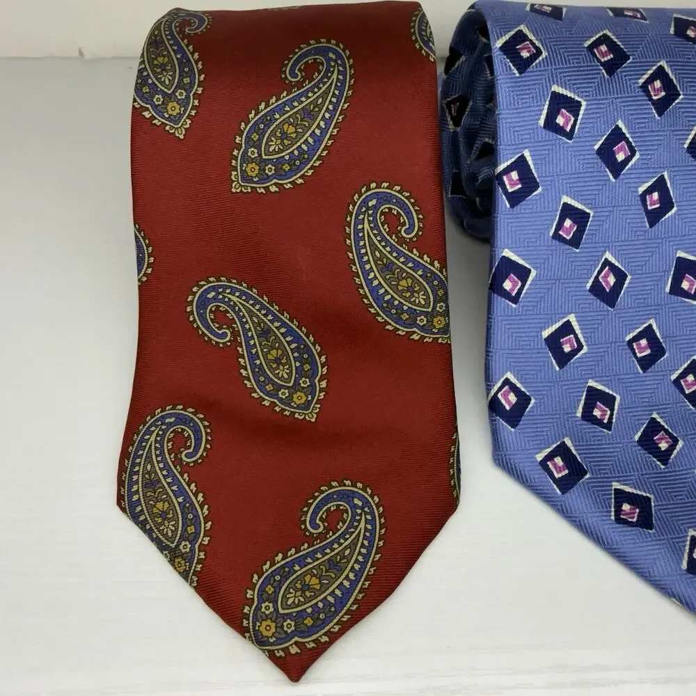 2 Silk Ties Vintage Ralph Lauren Chaps Polo Blue Geometric Red Paisley Handmade